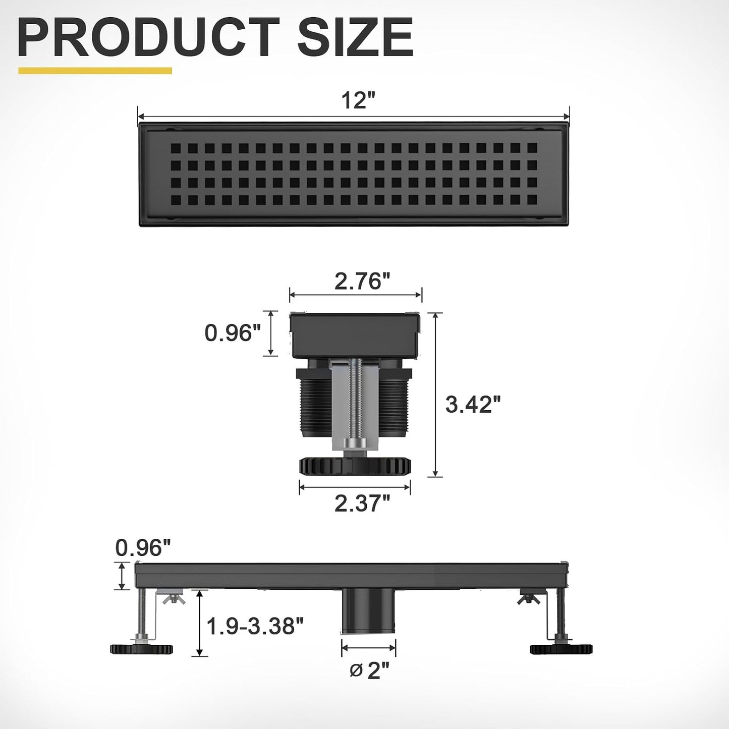 Drenaje lineal negro mate 12pulg acero inox 304 rejilla cuadrada