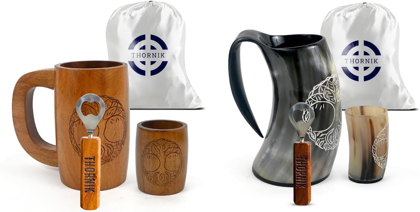 Juego Vasos Madera Acacia Cuerno 16-20oz Con Accesorios