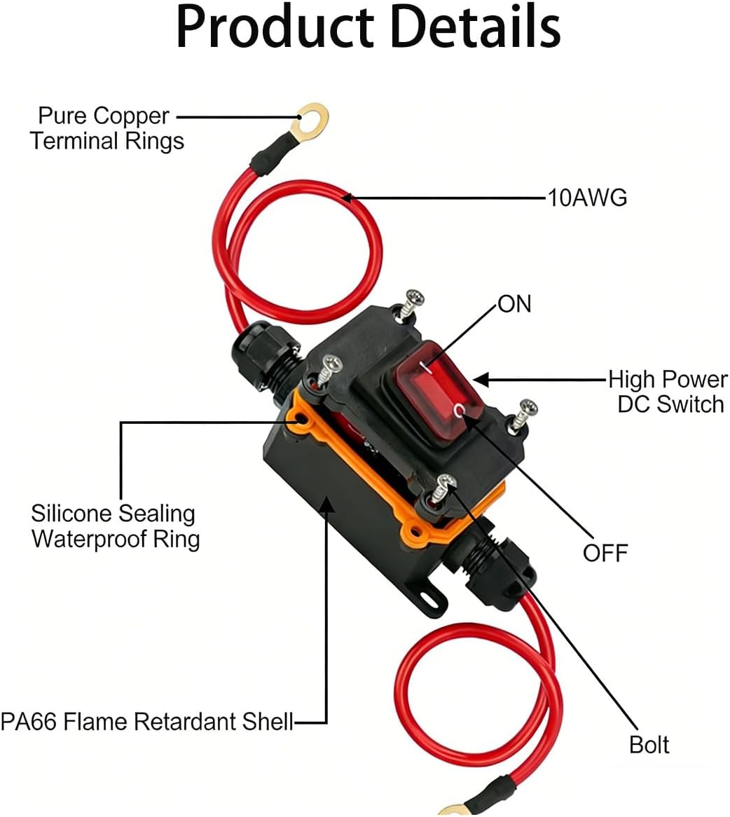 Interruptor agua 12-24V 30A con led rojo ip67 cable 10awg