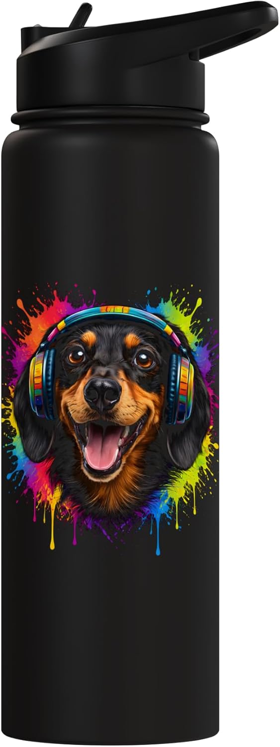 Botella de agua aislada para amantes del wiener dog con audífonos