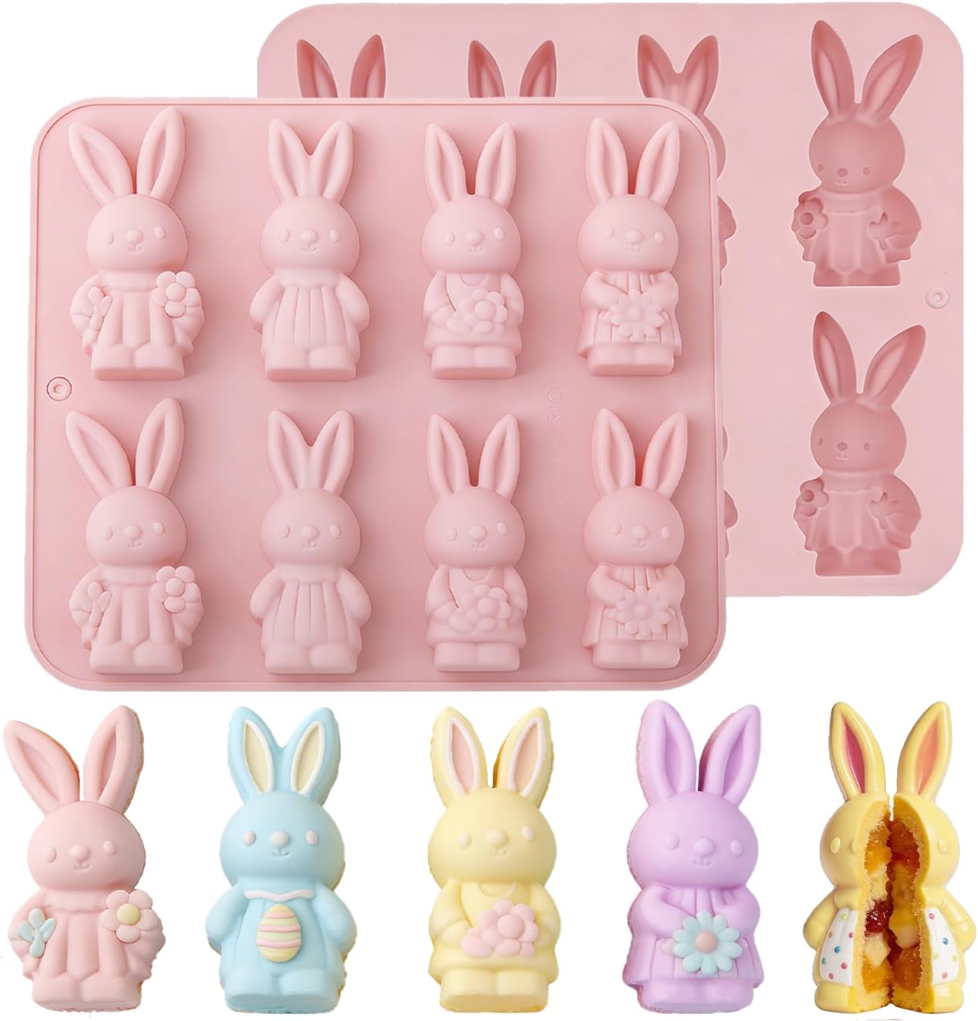 Molde de silicona de Pascua 2 piezas para conejos, caramelo, pastel, gelatina, pudín, fondant, muffins, jabón, velas y cubos de hielo