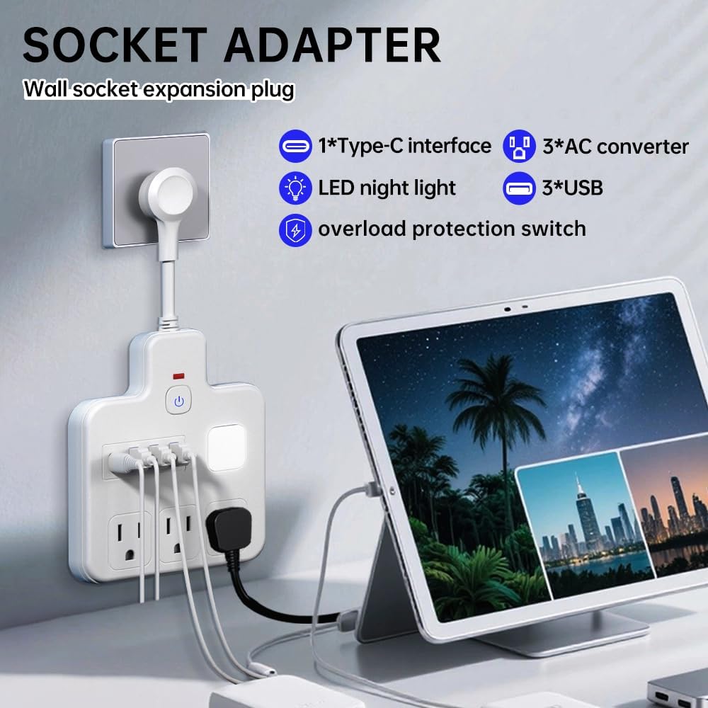 Cable extensión USB múltiple con 3 salidas CA y luz nocturna