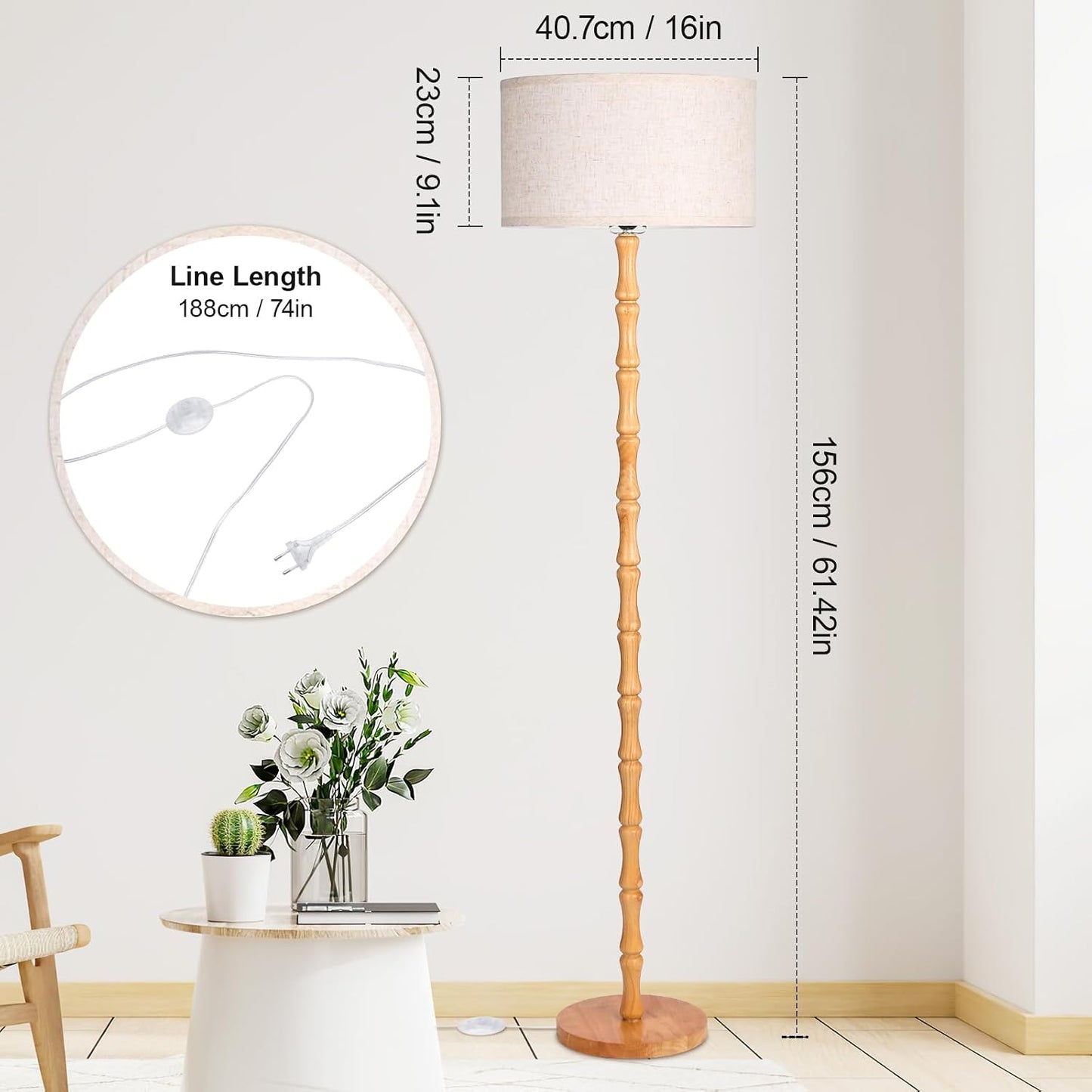 Lámpara pie madera caucho 62pulg pantalla lino vintage