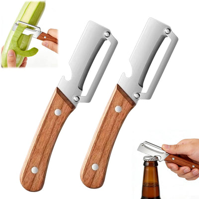 Pelador verduras 2en1 acero inox mango madera abridor botellas