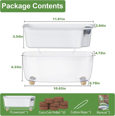 Maceta plástico rectangular 11.8pulg riego automático fibra coco