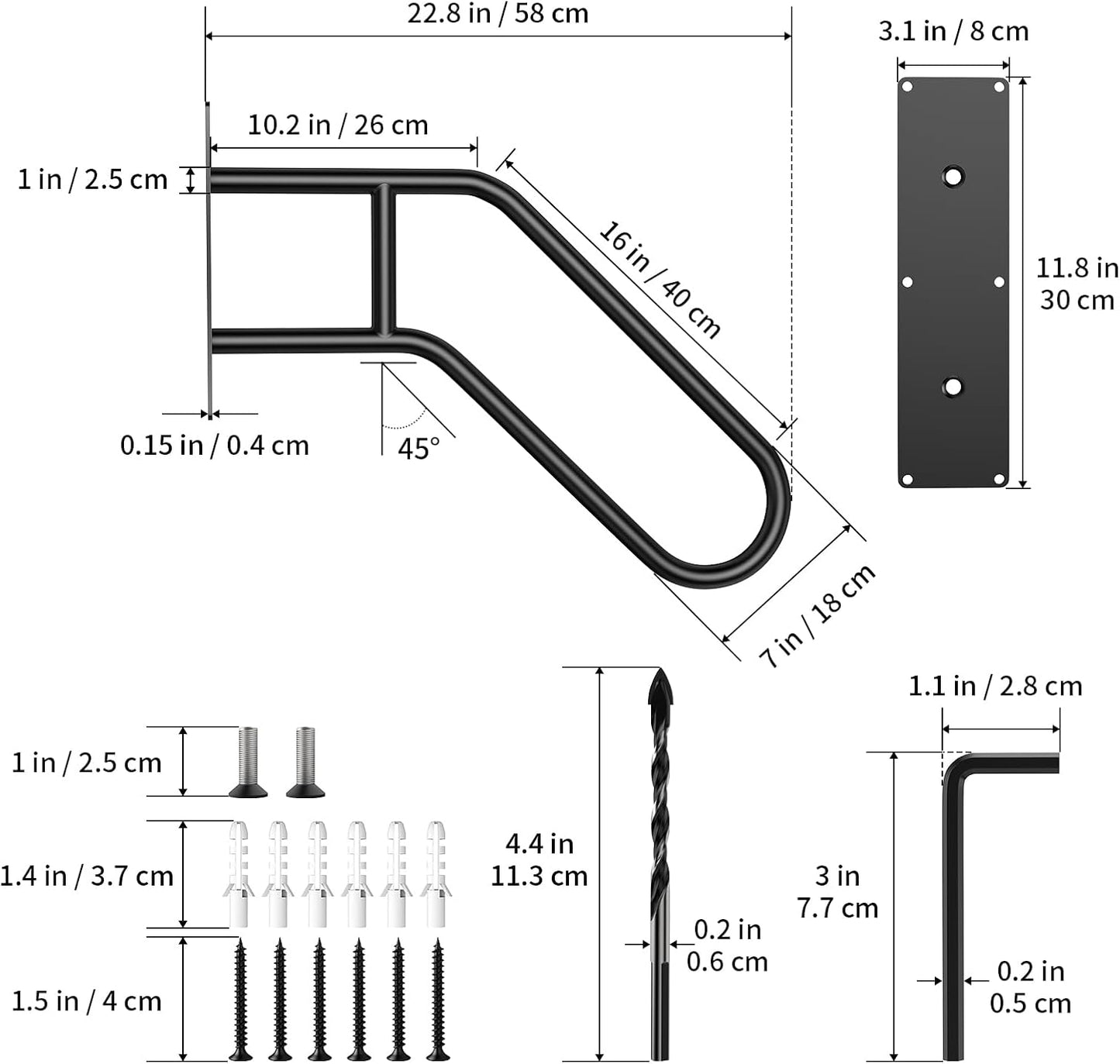 Barandilla pared escalones 1-3 negra forma U