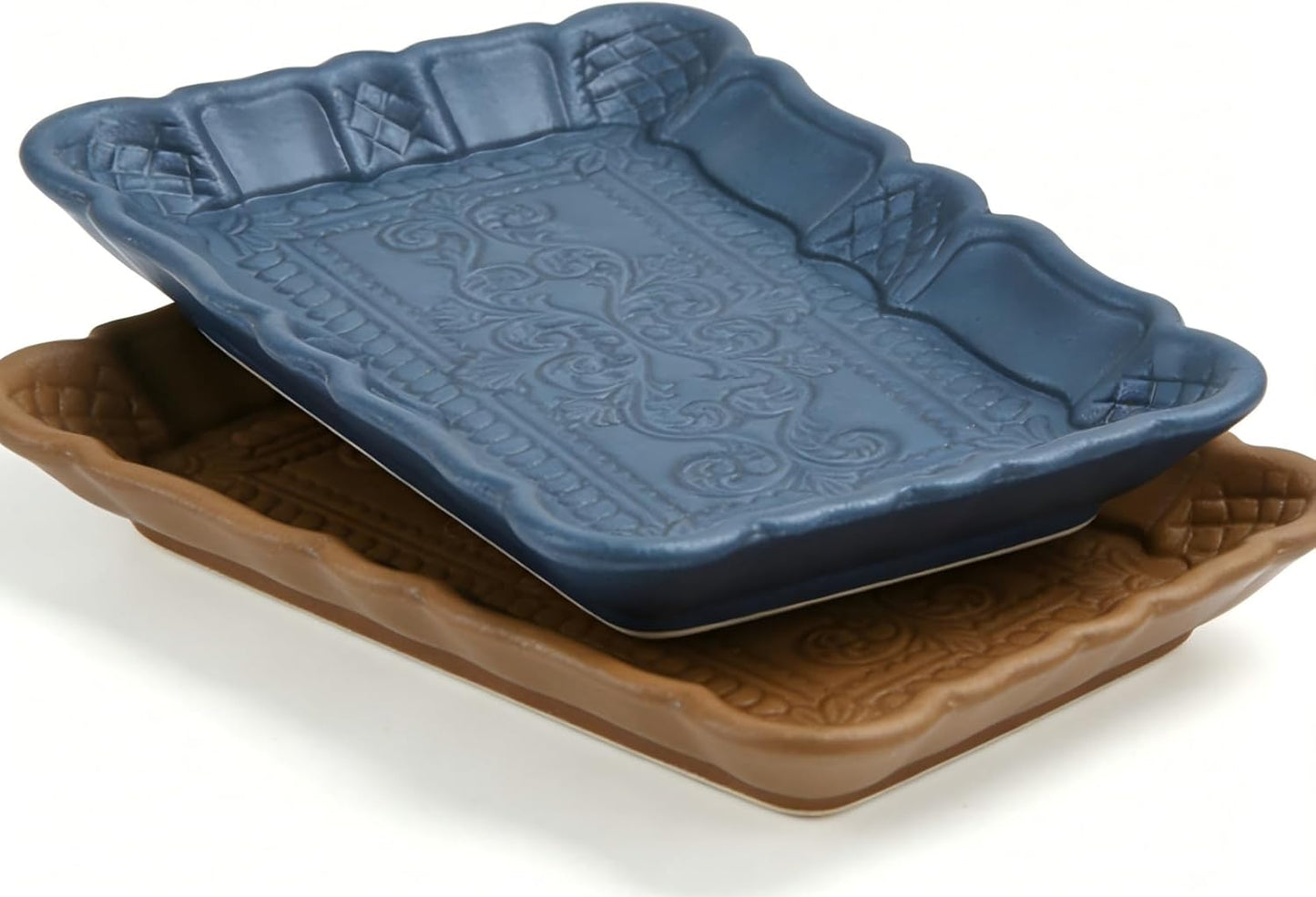 Plato decorativo de madera rustic rectangular blue y brown en conjunto