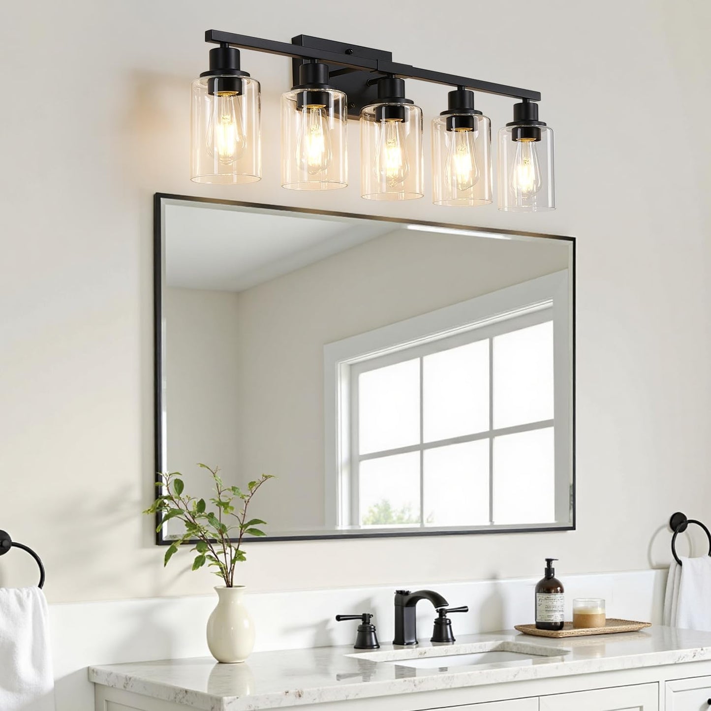 Lámpara baño 5 luces vidrio transparente negra mate moderna