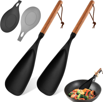 2 cucharas de silicona con mango de madera y reposarillas, espátula antiadherente color negro