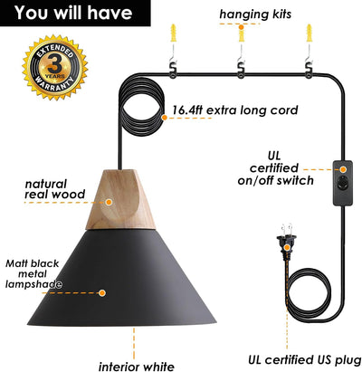 Lámpara colgante enchufable madera negra mate 16.4ft