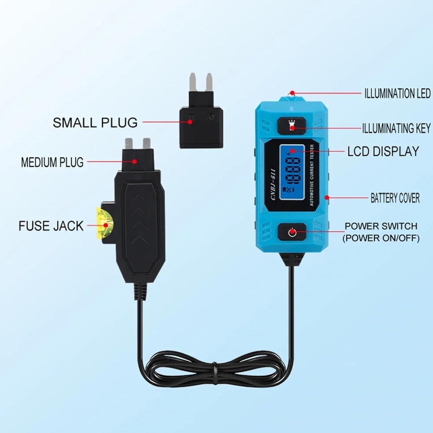 Probador corriente automotriz 0.01A-19.99A pantalla retroiluminada