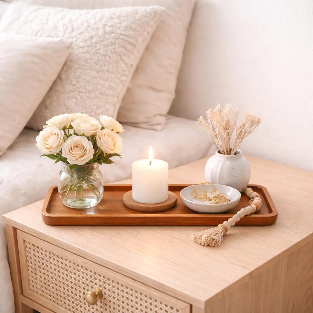 Bandeja de madera de acacia hecha a mano, multifuncional para velas y alimentos