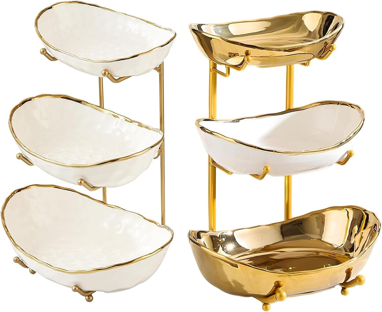 Frutero 3 Niveles Cerámica Oro Blanco Soporte Metal Hogar
