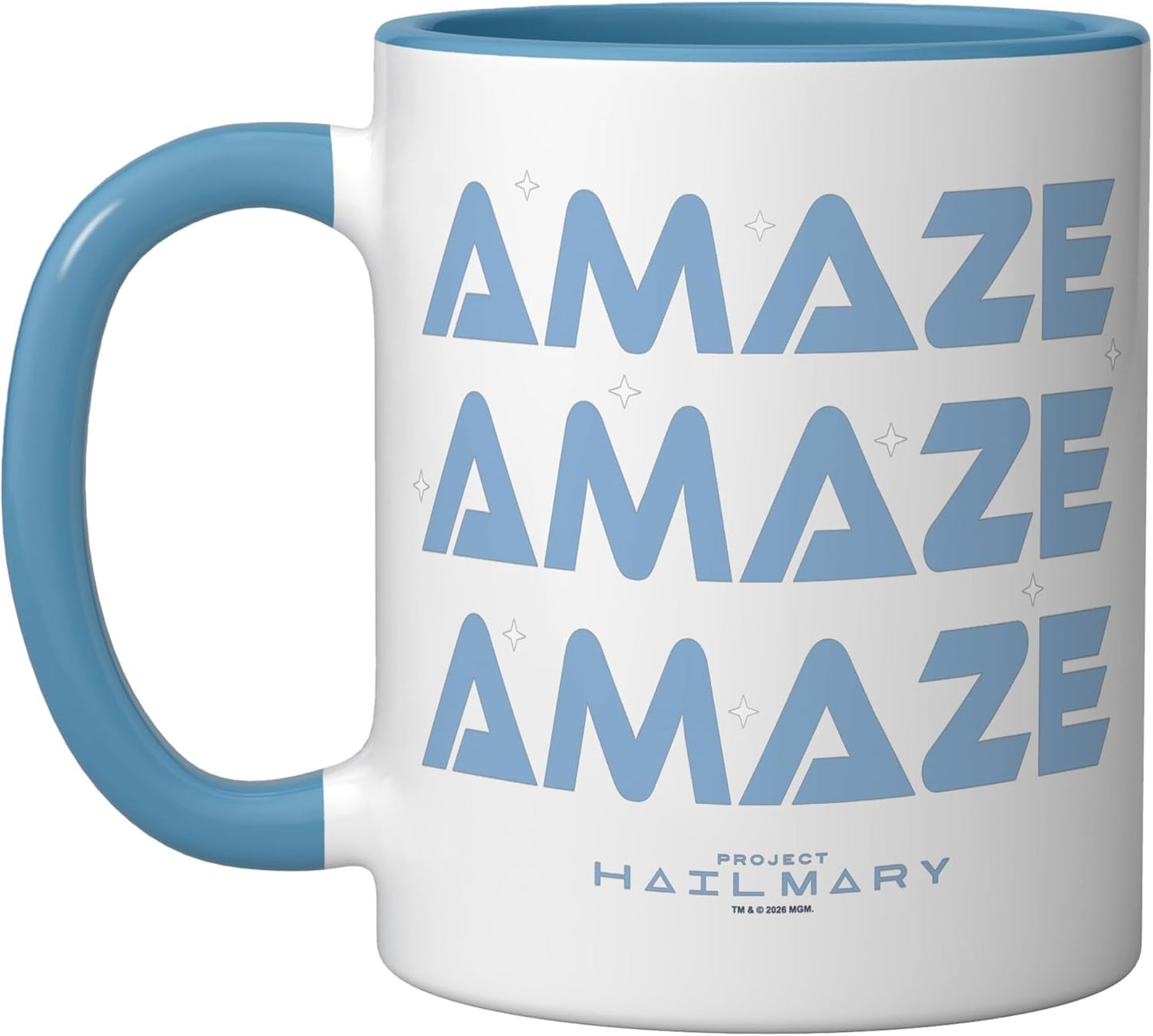 Taza de cerámica Project Hail Mary con tipografía azul y blanco