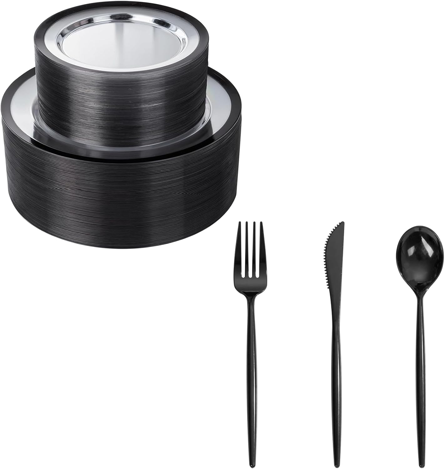 Set 120 platos y 360 piezas utensilios plástico negro