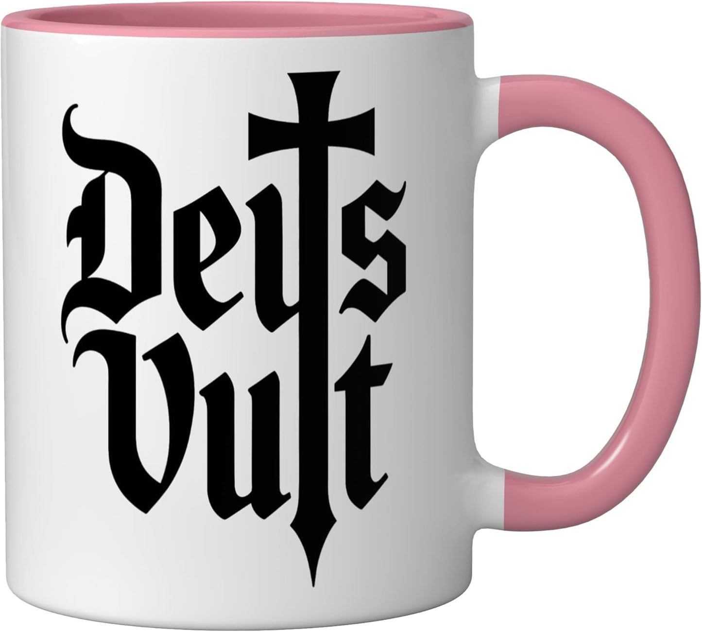 Taza Cerámica Deus Vult Cruz Latín Rosa/Blanco