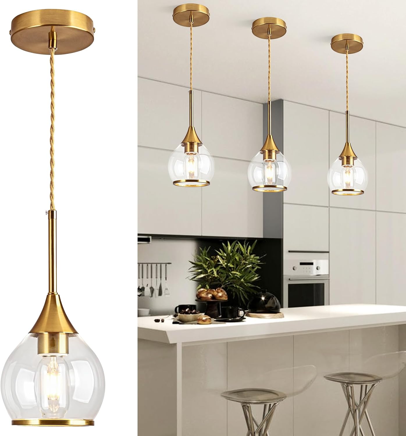 Lámpara colgante isla cocina luz dorada pantallas vidrio redondas