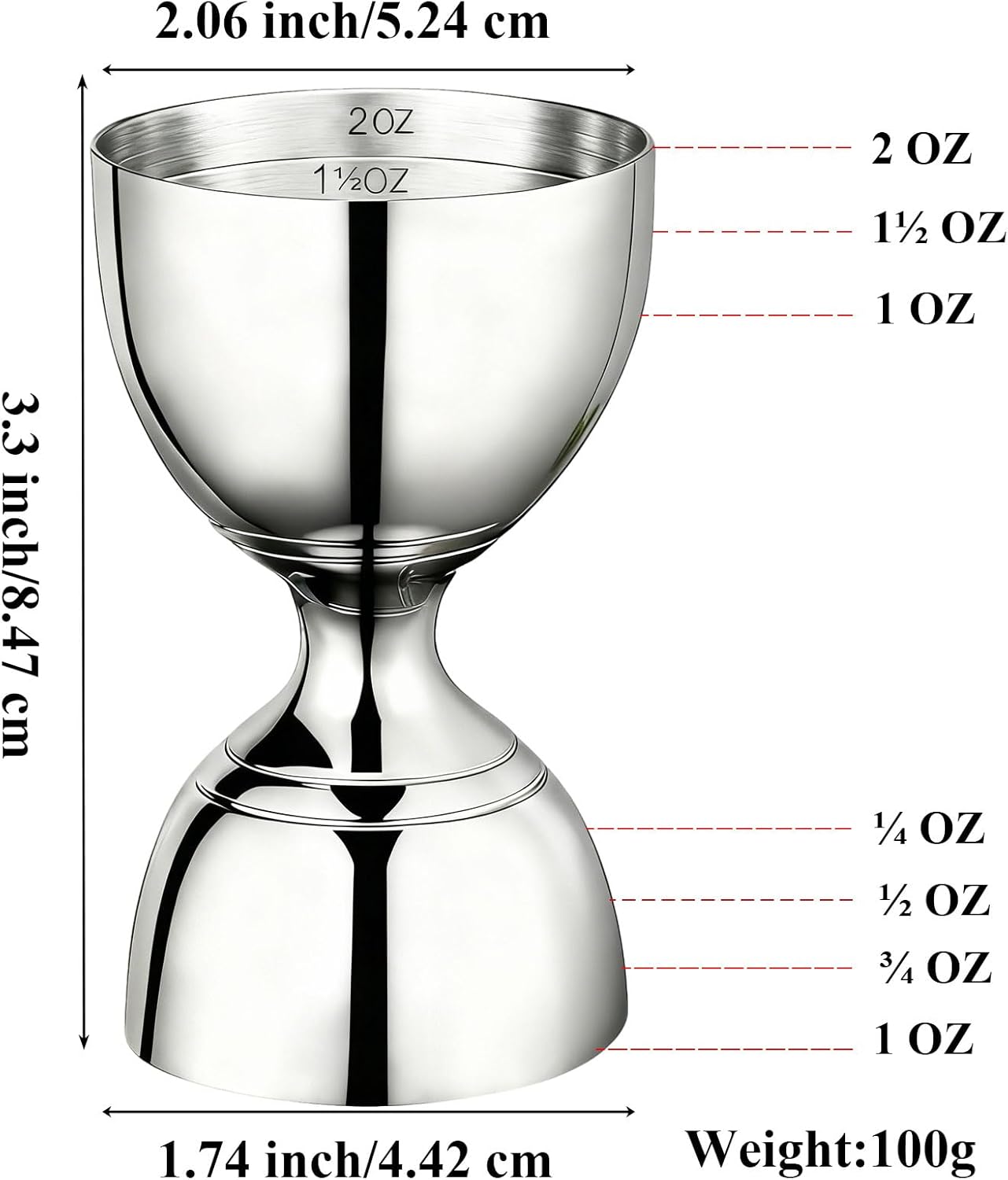 Jigger acero inox 1 y 2 oz con marcas interiores