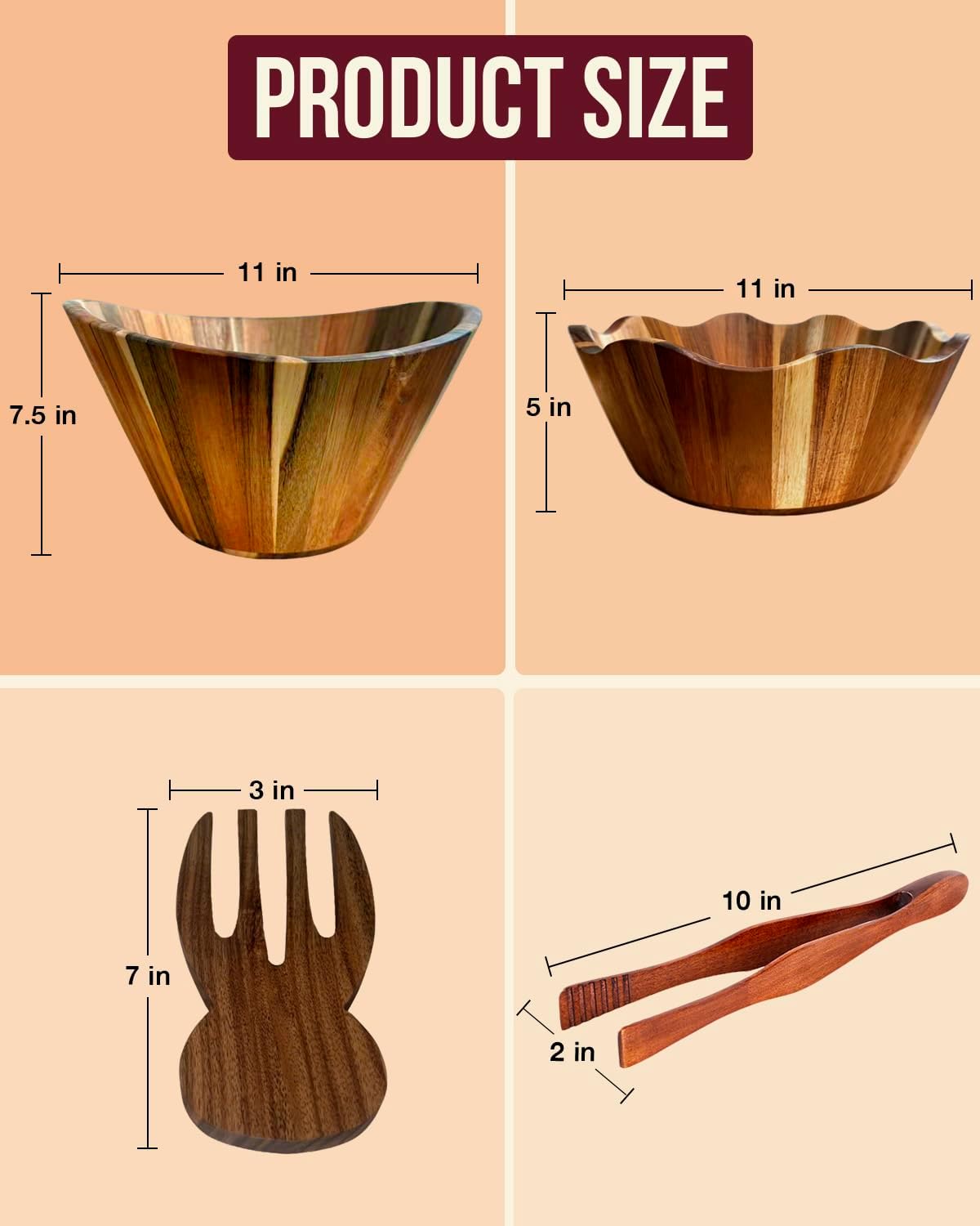 Set Cuenco Acacia 11pulg para Ensaladas y Frutas Madera Natural
