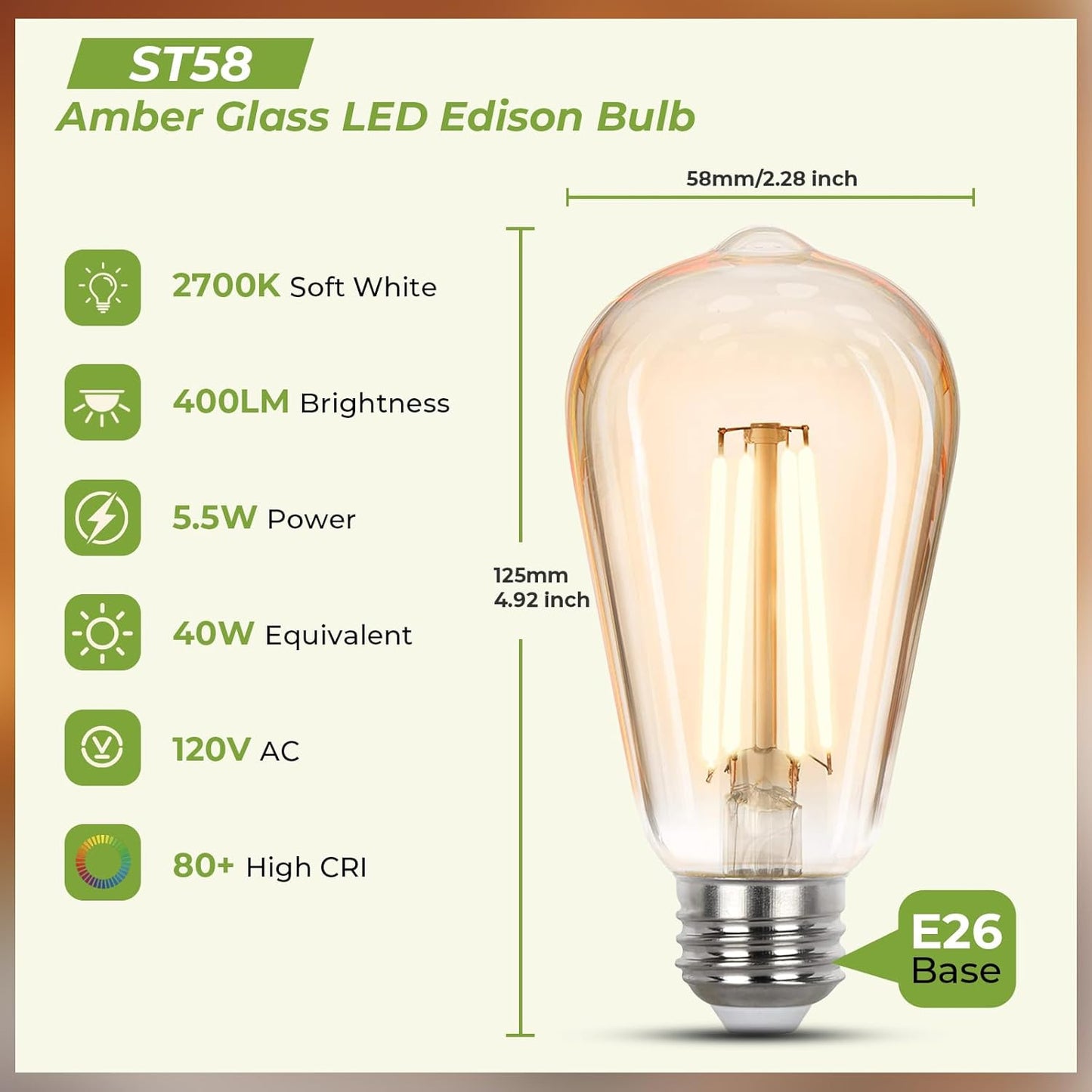 Bombilla LED Edison E26 Regulable 2700K Vidrio Ámbar Pack 4