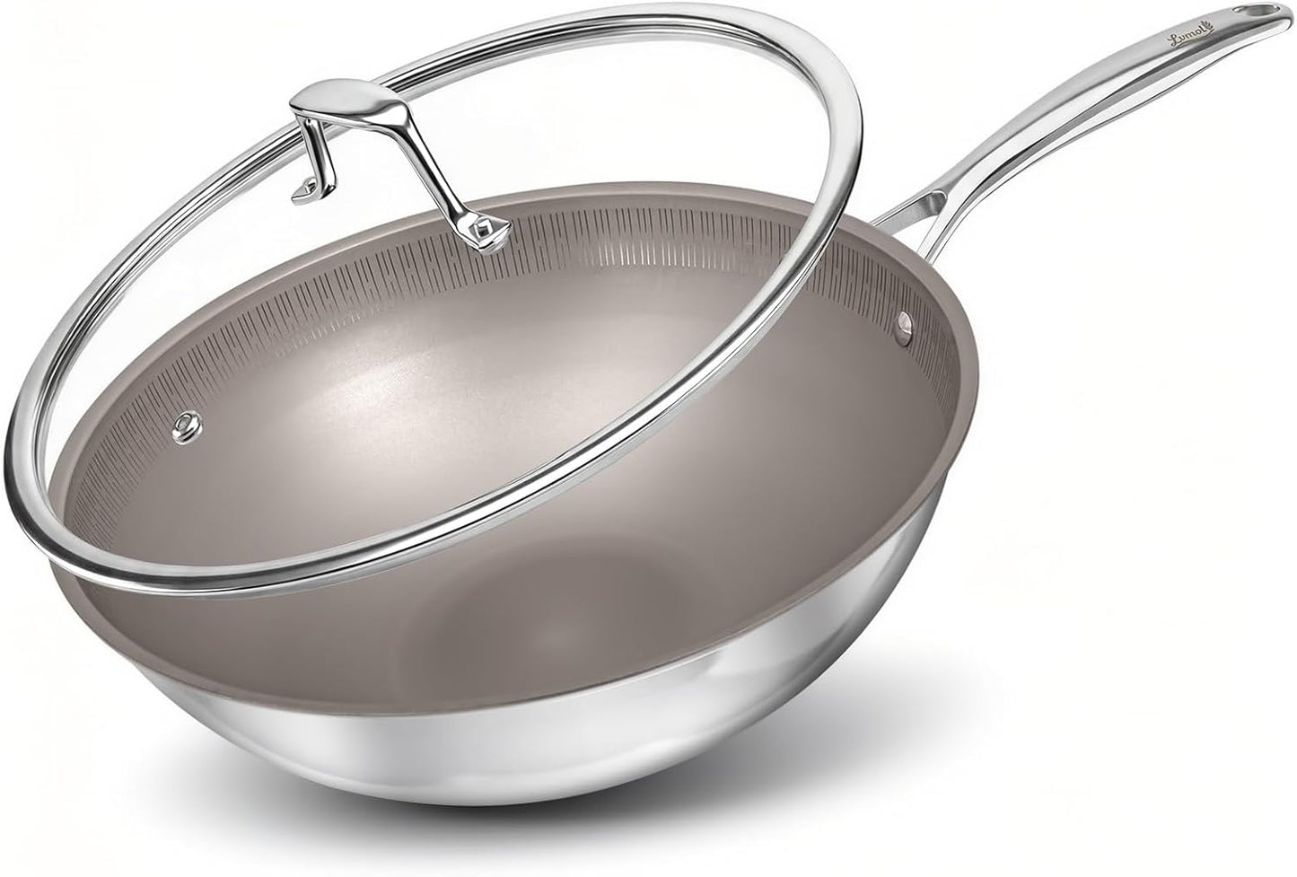 Wok Titanio Tapa 12pulg 3 Capas Acero Inox Inducción