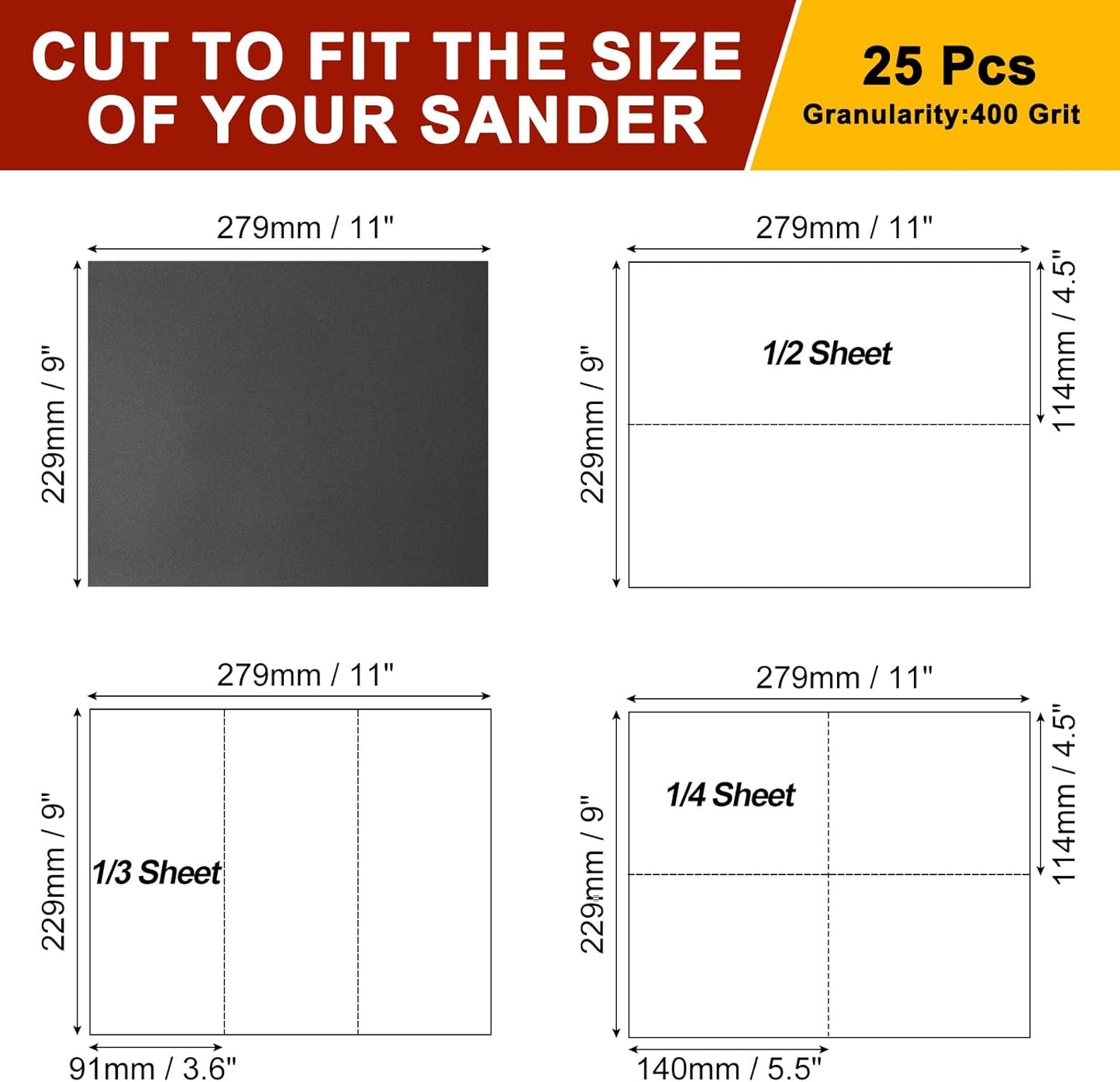 Papel lija 9x11pulg 400granos 25hojas carburo silicio