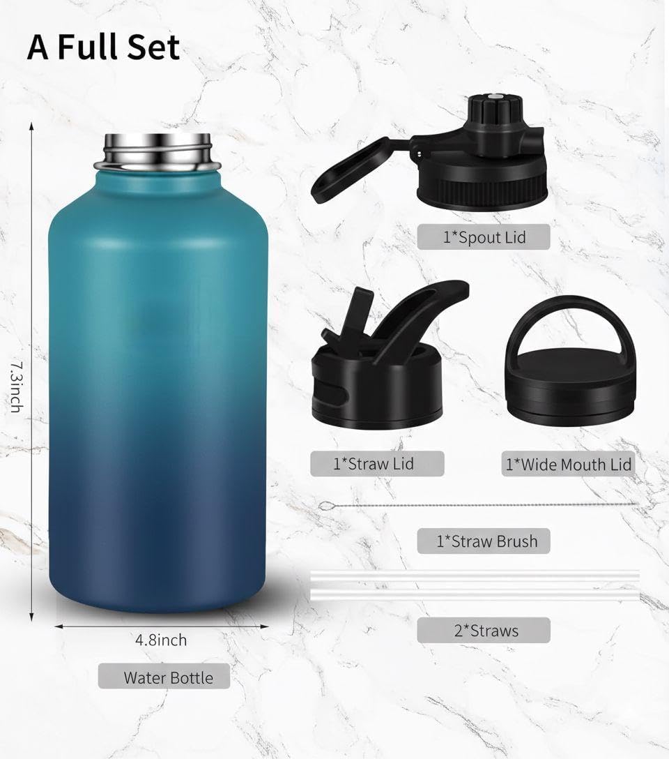 Botella agua acero inox vacío 64oz 3 tapas sin BPA