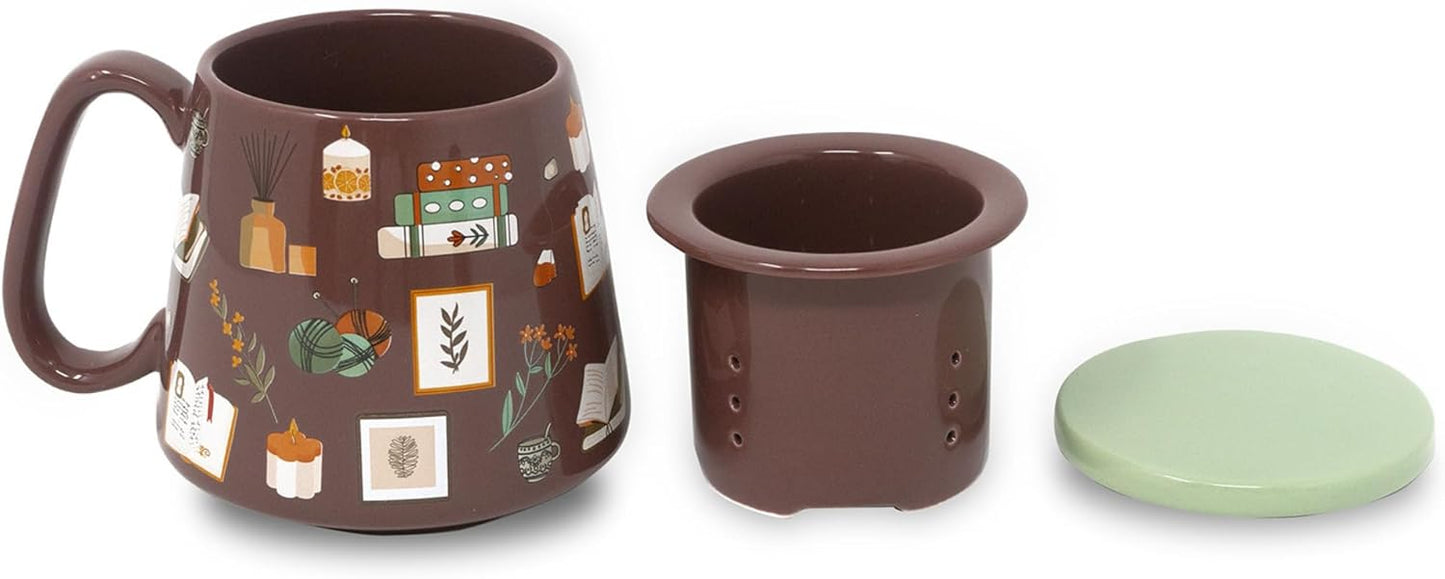 Taza infusora de té de cerámica con tapa y colador temática libro