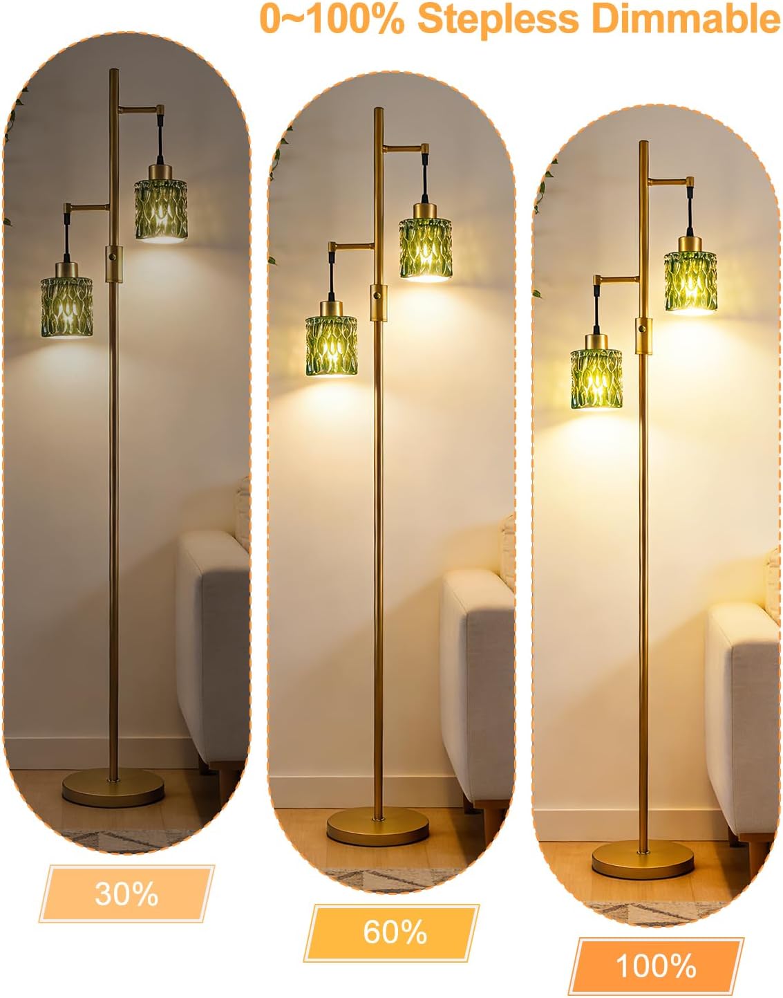 Lámpara pie cristal 65pulg 2 luces doradas moderna sala dormitorio
