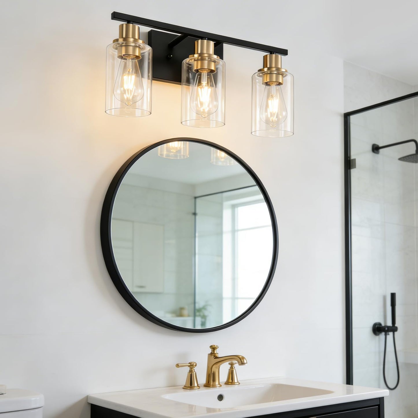 Lámpara baño negro dorado 3 apliques vidrio transparente moderna