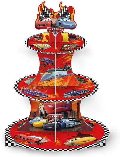 Soporte de tres niveles para decoraciones de fiesta automotriz y cumpleaños