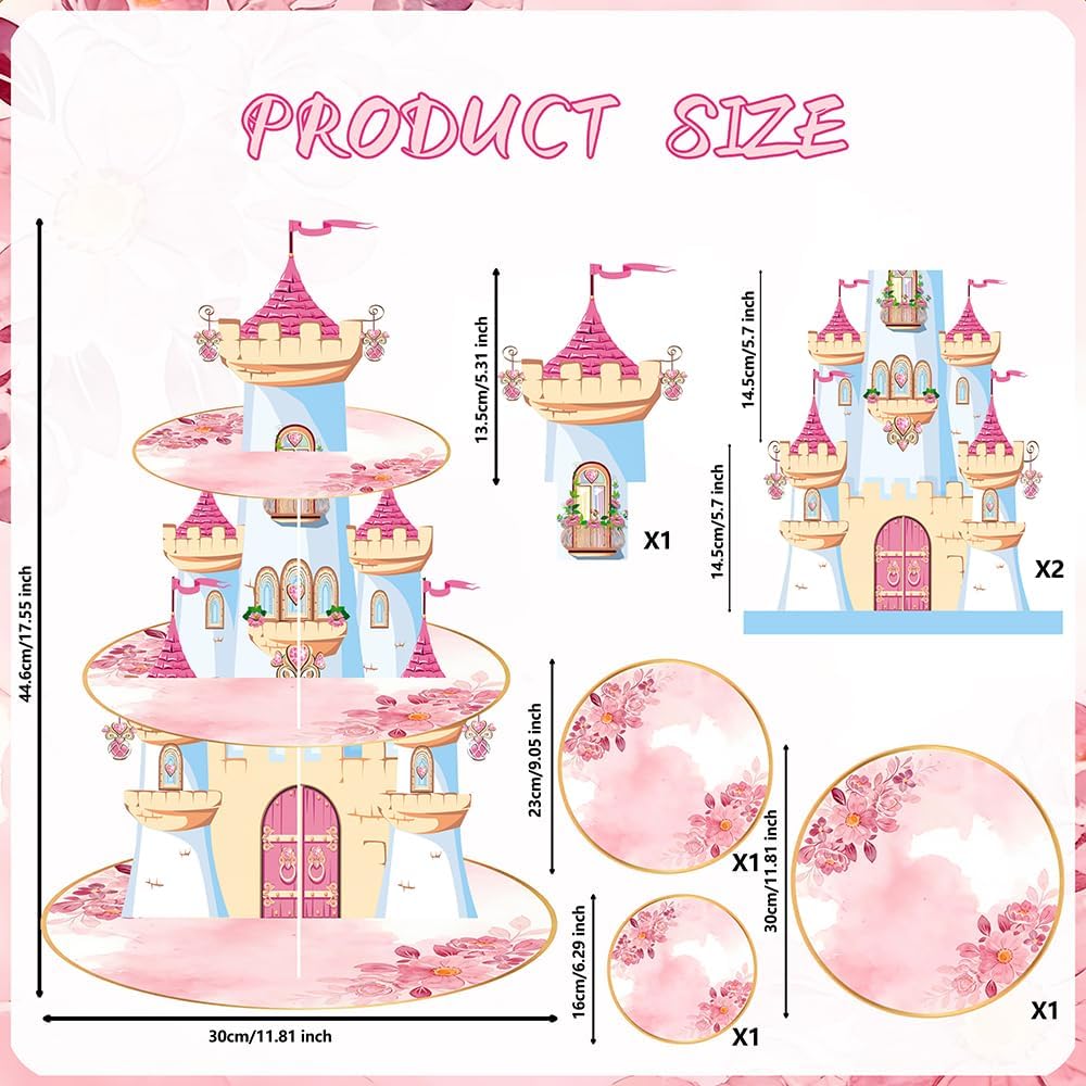 Soporte cupcakes princesa 3 niveles castillo rosa decoración mesa