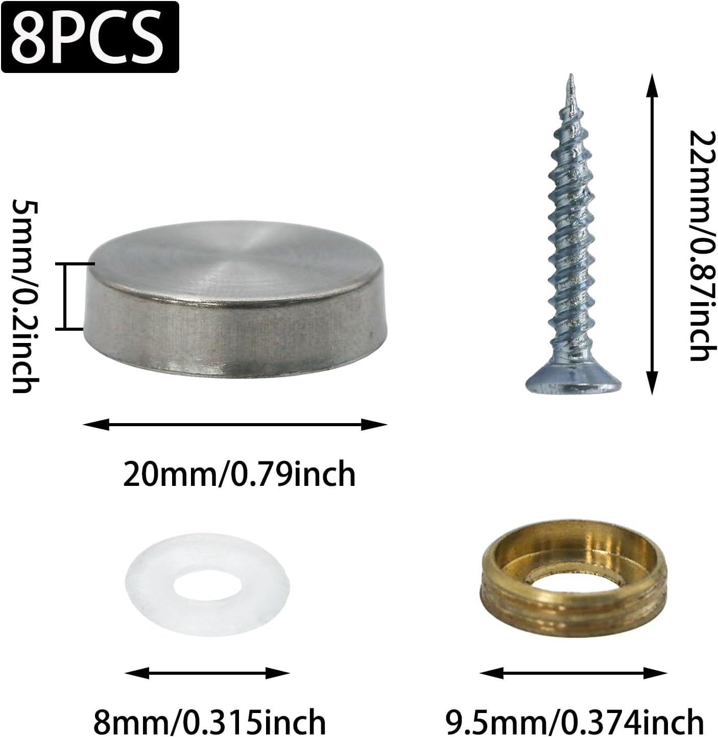 8 Espejos Acero Inox 4/5pulg con Tapas Rosca Decorativas