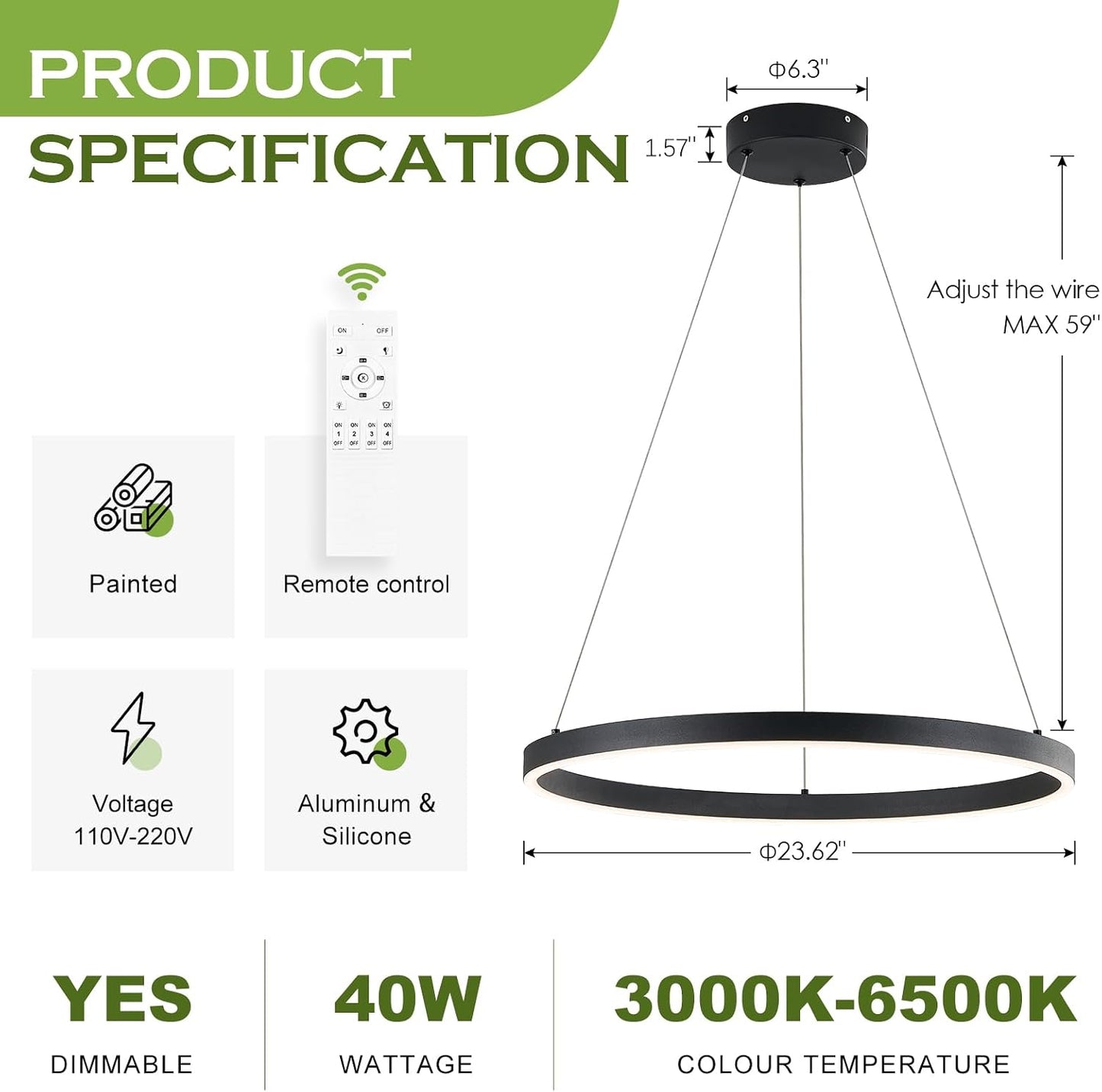 Lámpara colgante redonda LED regulable control remoto 23.6pulg