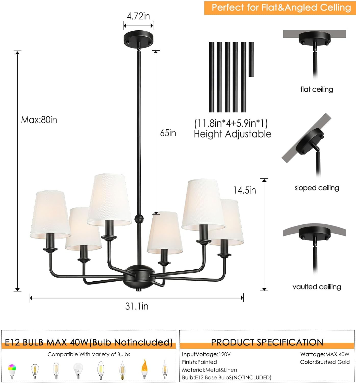 Candelabro colgante 6 luces tela estilo rústico