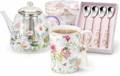 Juego Tetera Vidrio Infusor Taza Porcelana Cucharas Cerámica