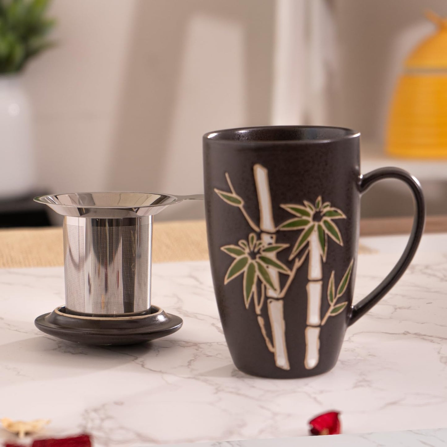 Taza de té con filtro de acero inoxidable para hojas sueltas 15 oz porcelana