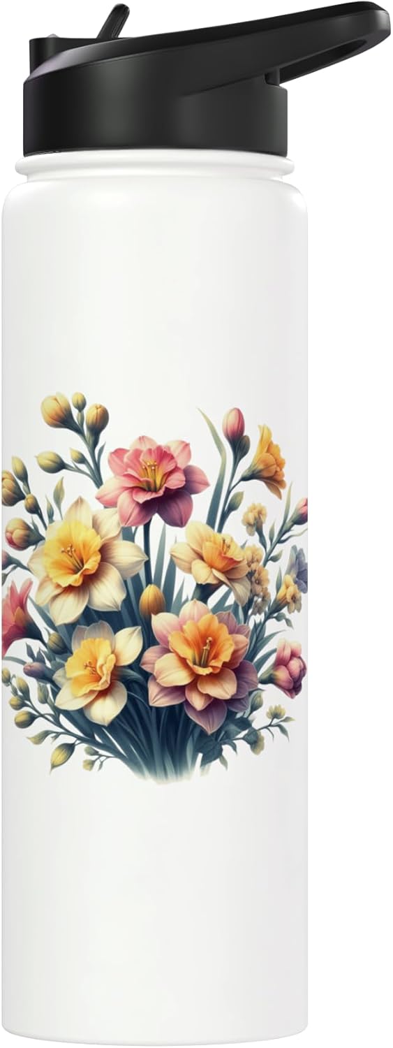 Botella de agua acero inoxidable aislada flores daffodil mes marzo