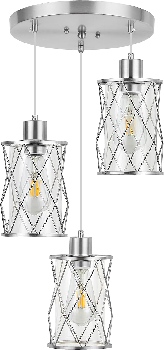 Lámpara colgante 3 luces níquel cepillado cristal transparente