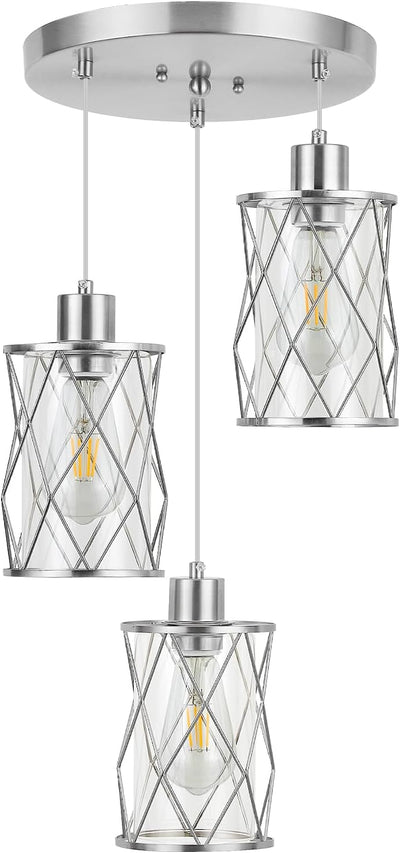 Lámpara colgante 3 luces níquel cepillado cristal transparente
