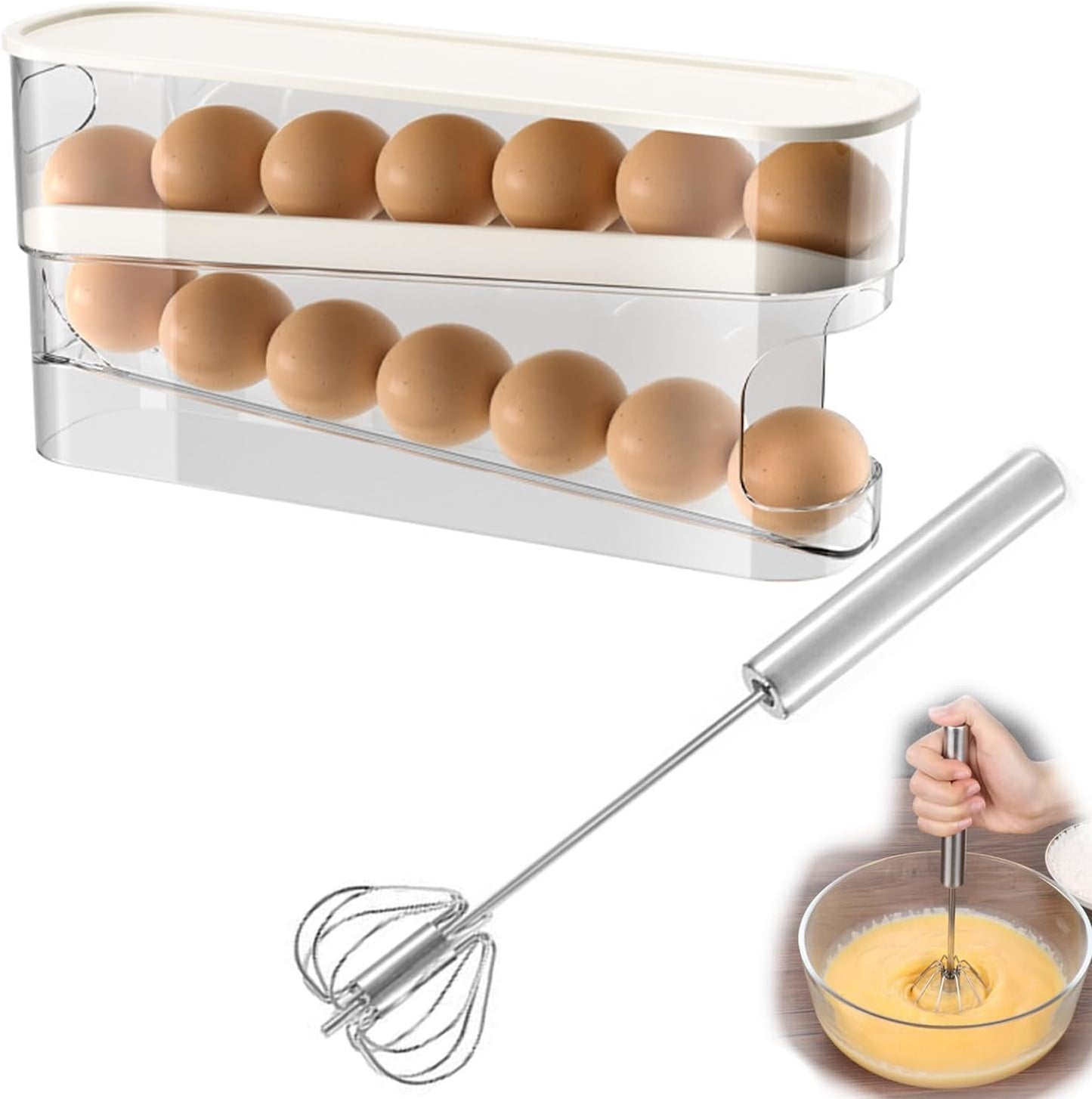 Soporte huevos refrig. con batidor y bandeja transparente