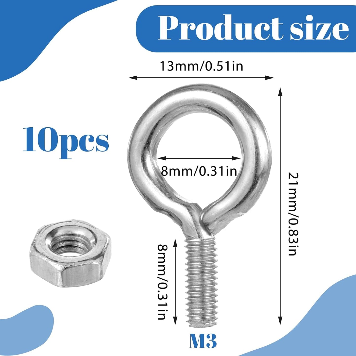 10 Pzas Perno Ojo M3x8mm Acero Inox 304 Con Tuercas