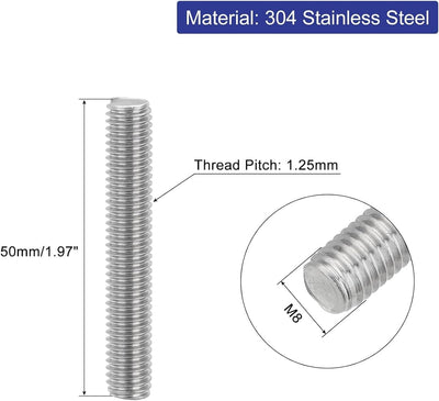 5 Pzas Varilla Acero Inox M8x50mm para Muebles y Maquinaria