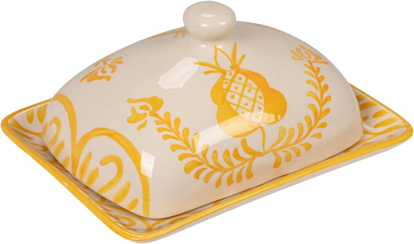 Plato mantequera cerámica diseño botánico amarillo y blanco