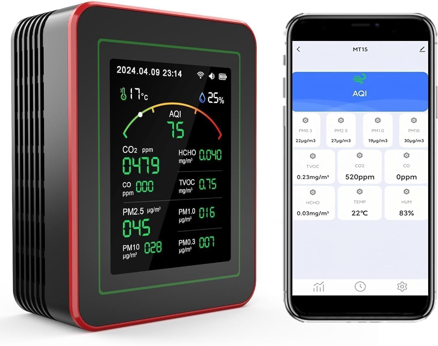 Monitor aire 15 en 1 con app sensores CO2 PM2.5 HCHO