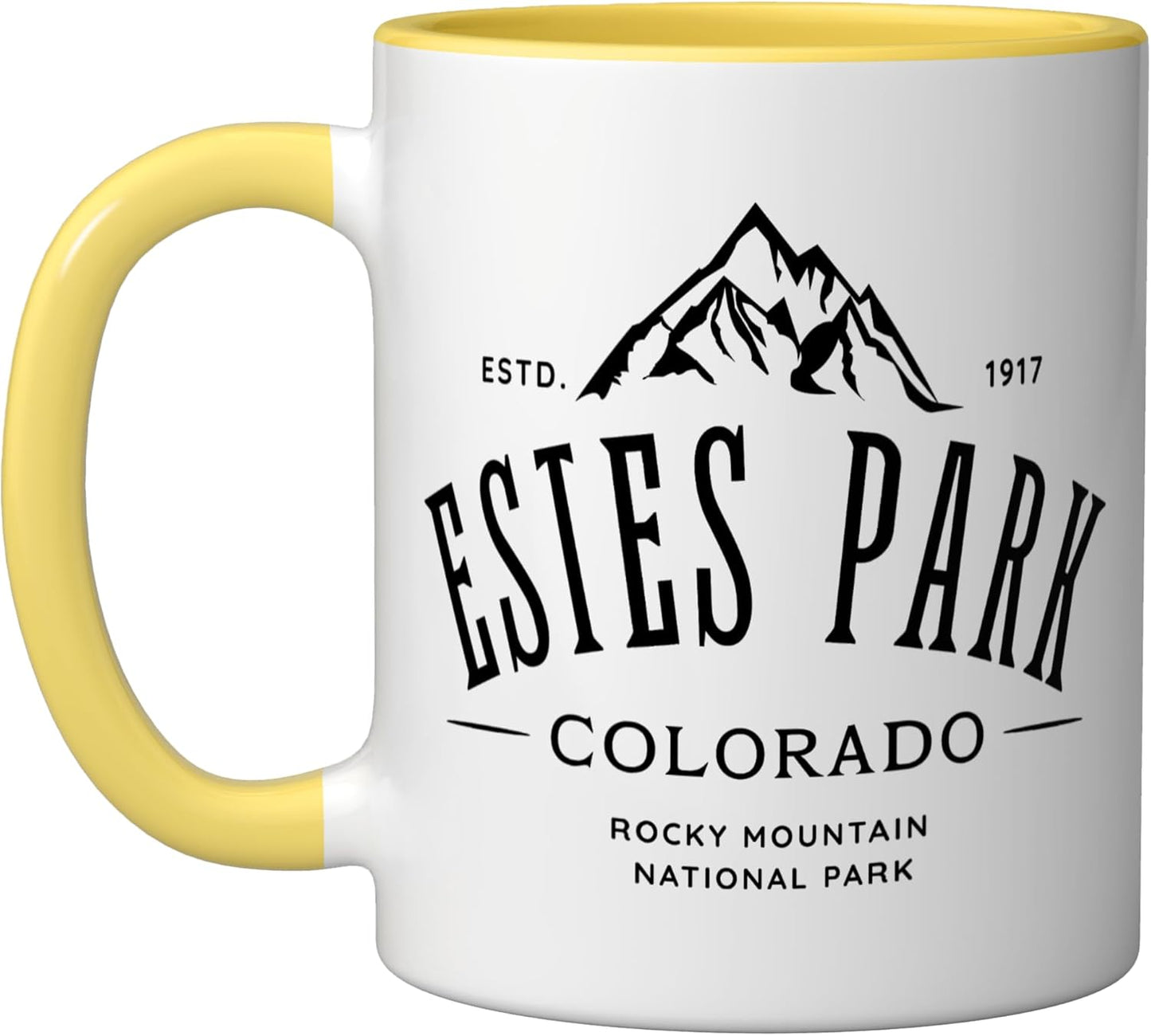 Taza cerámica Estes Park Colorado Diseño Montañas Rocosas Amarillo/Blanco
