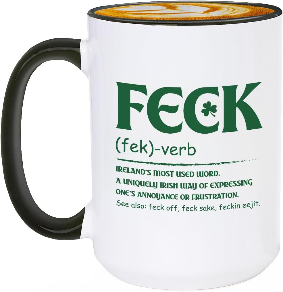 Taza de café de cerámica Veracco Irish Feck Definition 15 oz blanco con mango negro
