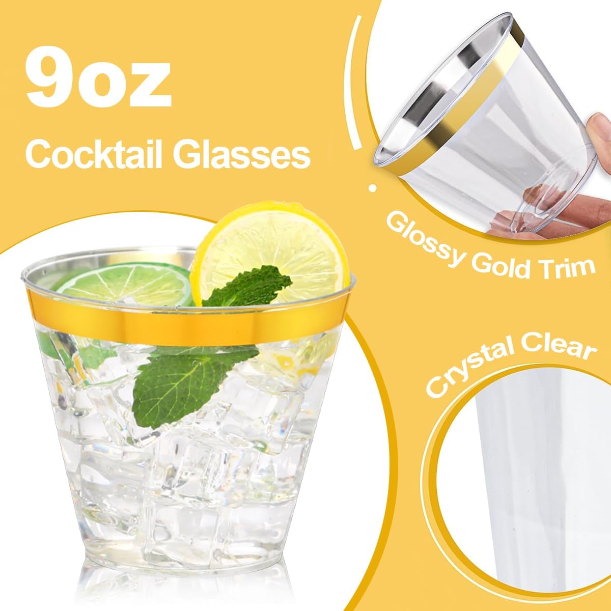 Vasos de plástico dorados con borde dorado 9 oz