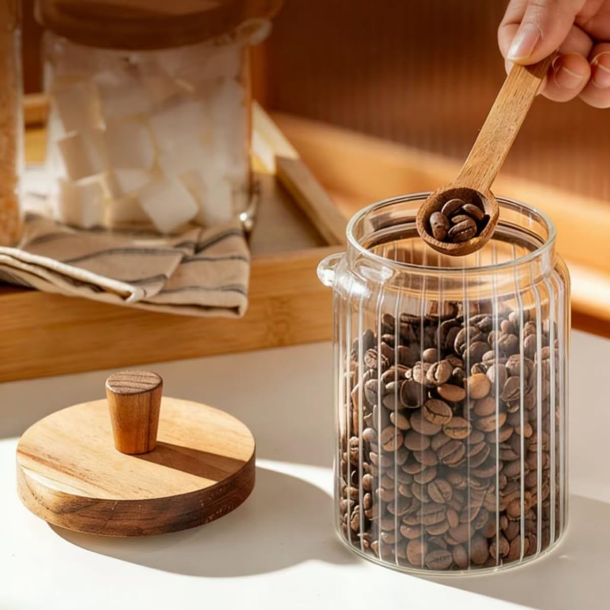 Tarro vidrio con tapa y cuchara madera 20.3oz para almacenar café