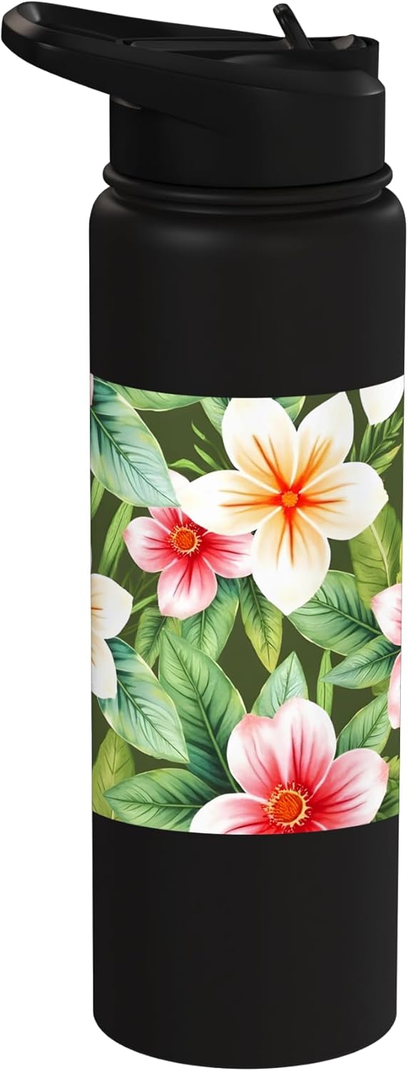 Botella agua acero inox aislada ilustración flores tropicales